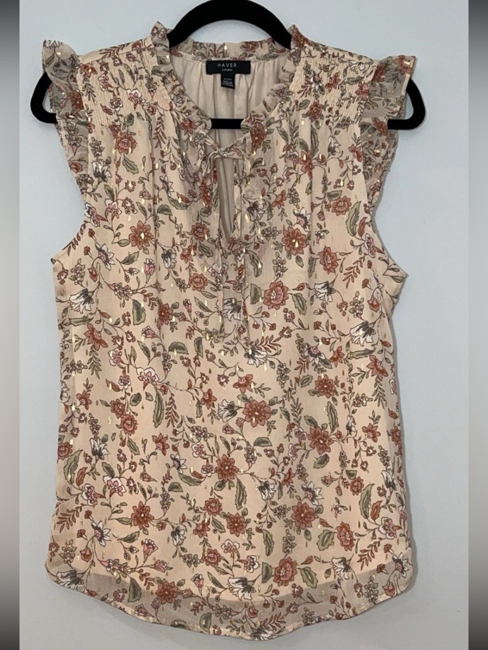 Haver London Cream & Gold Floral Tie-Neck Ruffle Sleeve Camisole